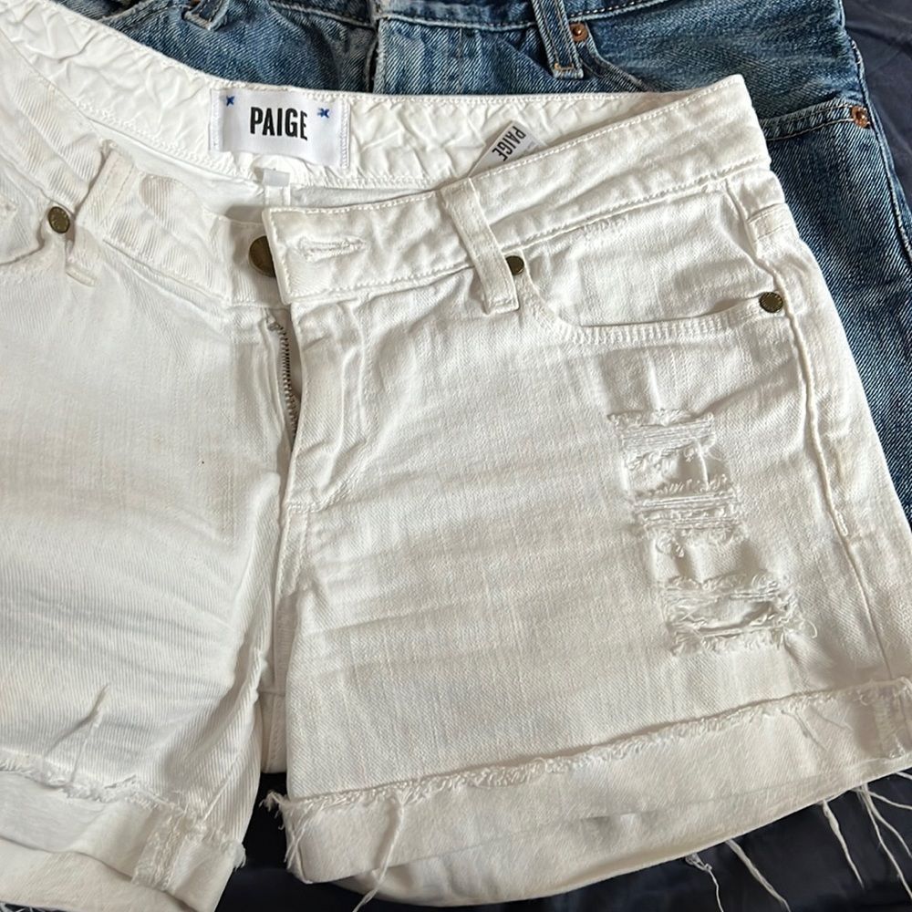 Paige denim shorts white denim cotton with 2% stretch raw hem cuff size 25